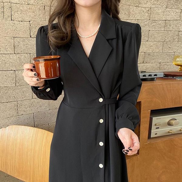 

casual dresses woman dress 2021 korean fashion elegant retro solid color lapel side single-breasted lace-up waist long suit, Black;gray