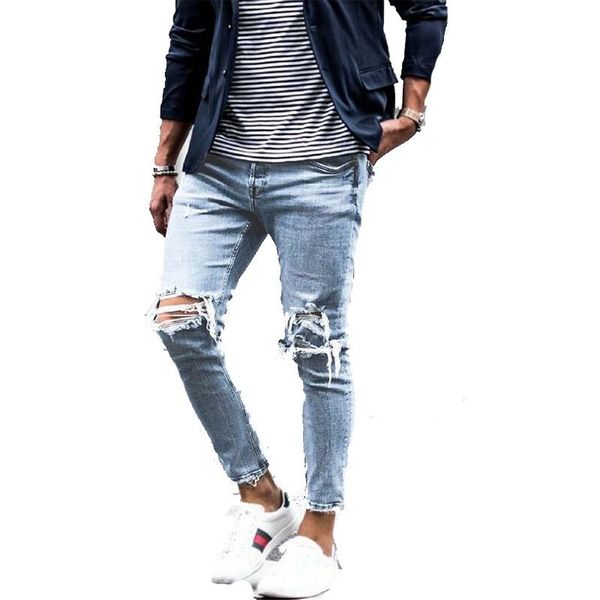 

men's jeans with ripped european trousers and feet pants, Blue