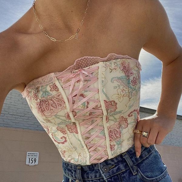 

women's tanks & camis y2k pink lace-up corset sleevless off shoulder strapless tube women 90s vintage printed crop vest aesthetic c, White