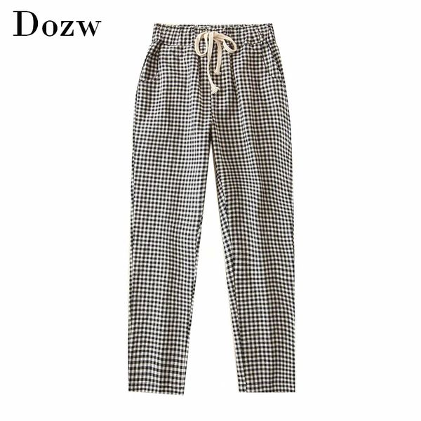 

fashion plaid pants women drawstring elegant office trousers lady baggy loose long length harem pants female pantalon 210414, Black;white