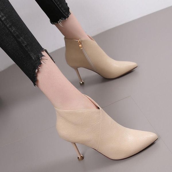 

dress shoes women casual sweet black pointed toe pu leather side zipper heel boots lady cool autumn & winter botas femininas g9209