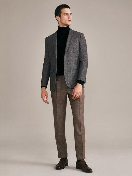 Homens Ternos Blazers 43% Lã Set para Homens Estilo Slim Jovem Homem Cinzento Casual Vestuário Do Casamento Noivo de Negócios Desgaste 2021 Inverno Engrenado BL