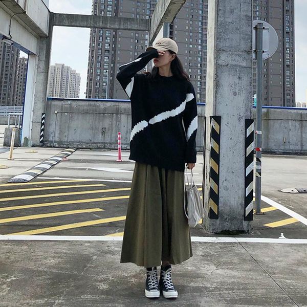

skirts spring autumn women fashion solid color high waist long skirt female students all-match elastic faldas (f3853), Black