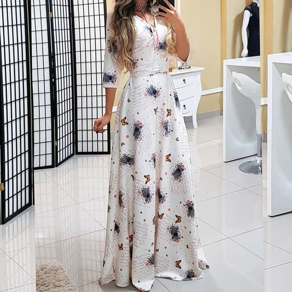 

Boho Women Summer V-Neck Maxi Dress Sweet 3/4 Sleeve Floor-Length Floral Sundress Pullover Lace Up Travel Look Bohemian Dresses, Black