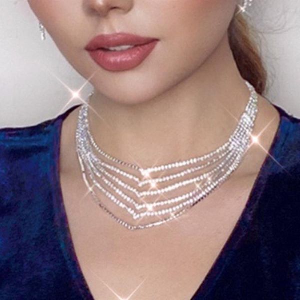 

chokers shiny rhinestone multilayer choker necklace clavicle chain jewelry for women luxury crystal short collar accessories, Golden;silver