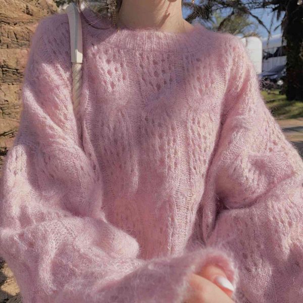 

jsxdhk autumn womens mohair sweater pullovers fashion lazy pink o neck knitting hollow out soft thin sweaters knitwear, White;black