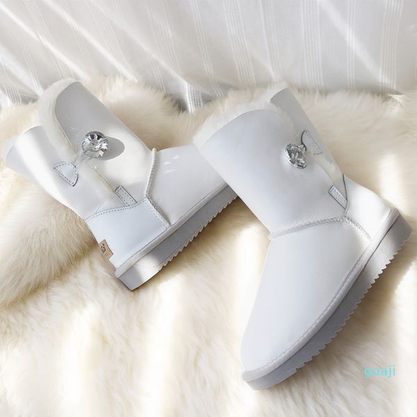 Kar Botları Kadın Hakiki Koyun Çizmeler Ayakkabı Su Geçirmez Deri Beyaz Koyun Yün Çizmeler Kürk Orta Buzağı Düz ​​Kadın Kış Ayakkabı