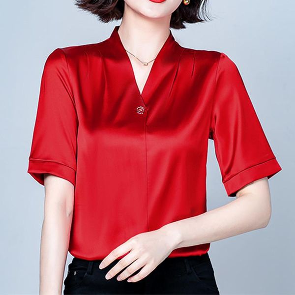 

women's blouses & shirts korean summer shirt for women short sleeve red v-neck blouse female 2021 woman button basic ol, White