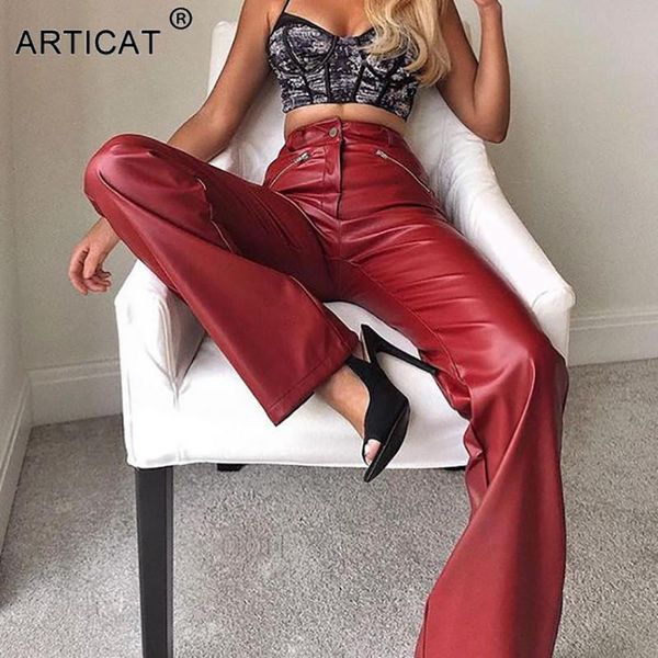 

articat solid pu leather woman pants high waist elastic straight ladies winter streetwear casual long trousers women women's & capris, Black;white