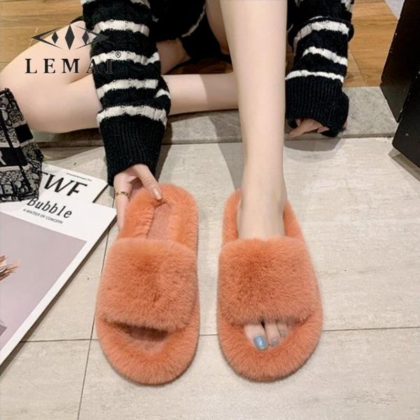 

slippers winter plush for women solid color casual soft furry slip-on shoes flat comfortable house fur plus size 35-42, Black