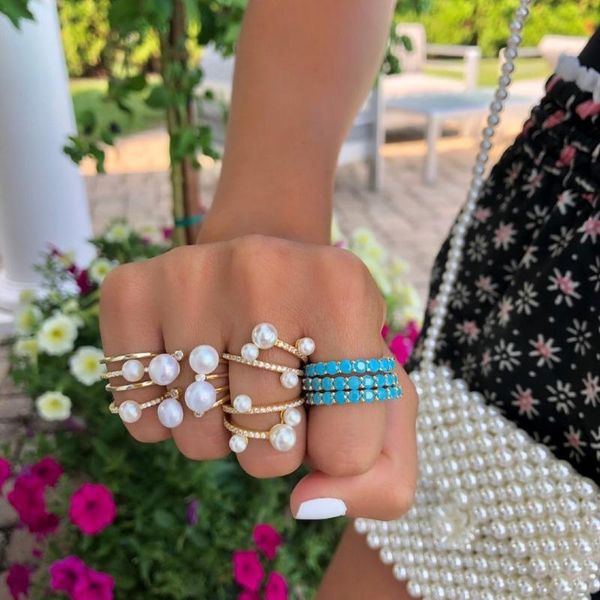 

cluster rings 2021 summer fashion jewelry open adjusted size gold cz sea pearl beaded multi wrap finger ring for women, Golden;silver
