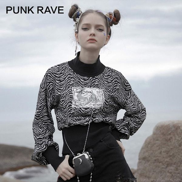 

women's hoodies & sweatshirts punk rave girl's half-high collar zebra plaid pullover female long-sleeved waist loose harajuku swea, Black
