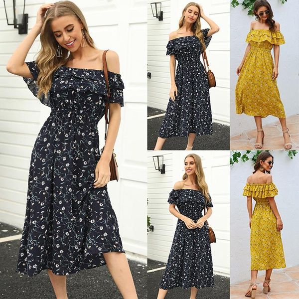 

casual dresses women's word shoulder ruffled waist bohemian midi dress, Black;gray