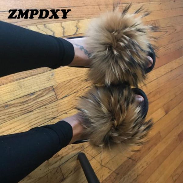 

fur slides for women real slippers cute fluffy raccoon sandals indoor flat big ladies luxury flip flops, Black