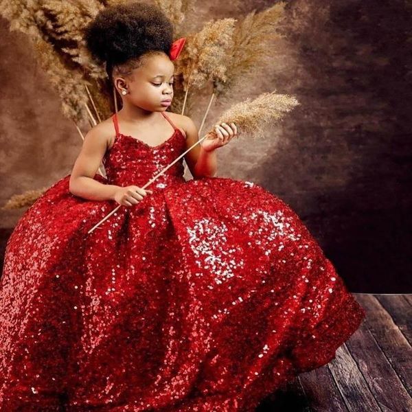 

girl's dresses flower girl red sparkly spaghetti sequined little wedding communion pageant gowns, Red;yellow