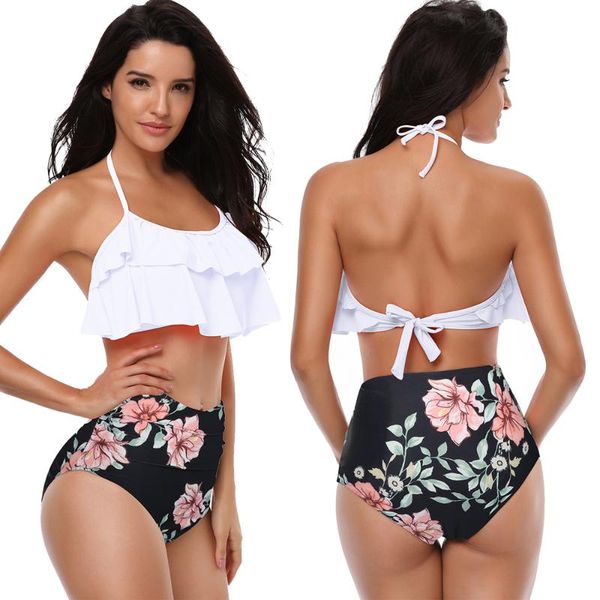 

floral ruffled hem bikini set women high-waisted two piece swimsuit 2021 girl beach bathing suit swimwear biquinis women's, White;black