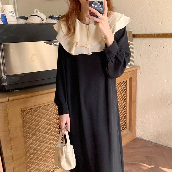

casual dresses korea chic women early autumn double layer lotus leaf collar stitching loose leisure long sleeve dress female tide u153, Black;gray