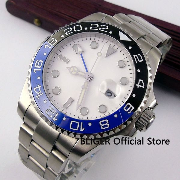 

4m bliger sapphire glass sterile dial blue black ceramic bezel gmt function automatic movement men's wrist watch, Slivery;brown