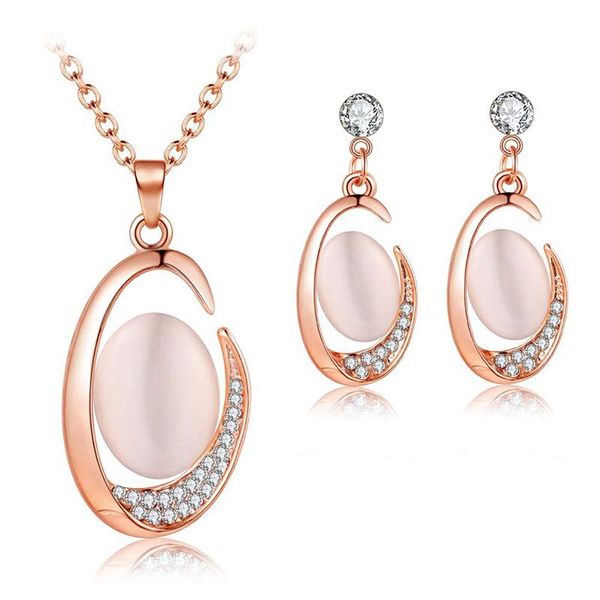 

earrings & necklace dubai jewelry sets 2021 crystal oval opal c word pendant necklace&drop set for women bride wedding jewellery, Silver