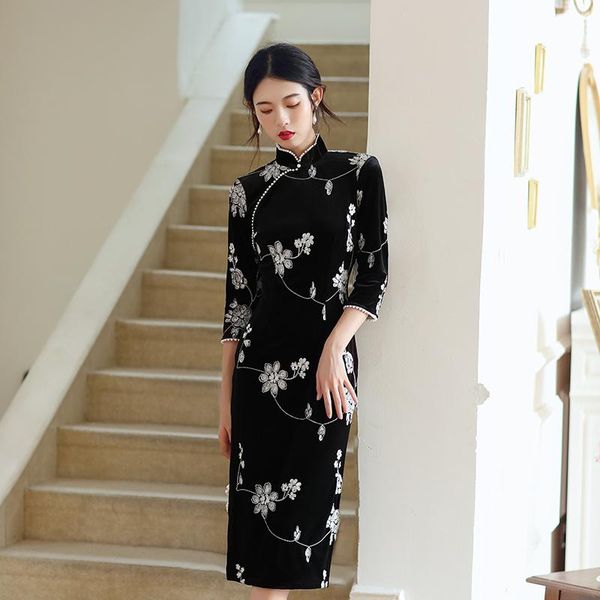 

ethnic clothing beading classic femme chinese dress velour qipao traditional oriental cheomgsams winter embroidery banquet gown, Red