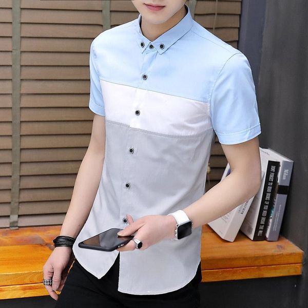 

men's casual shirts 2021 style youth summer stitching short-sleeved shirt korean slim fashion all-match, White;black