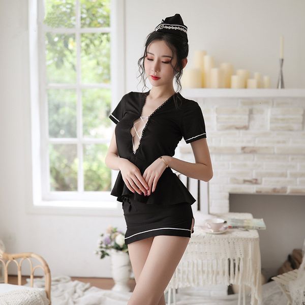 

underwear fun style hollow out stewardess student uniform split suit, Red;black