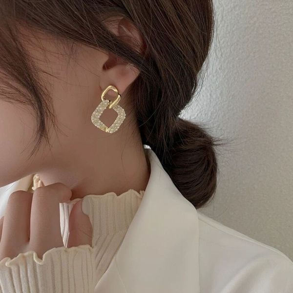 

earrings 925 silver needle korean full diamond pearl personality simple square geometry versatile earrings net red earrings, Golden