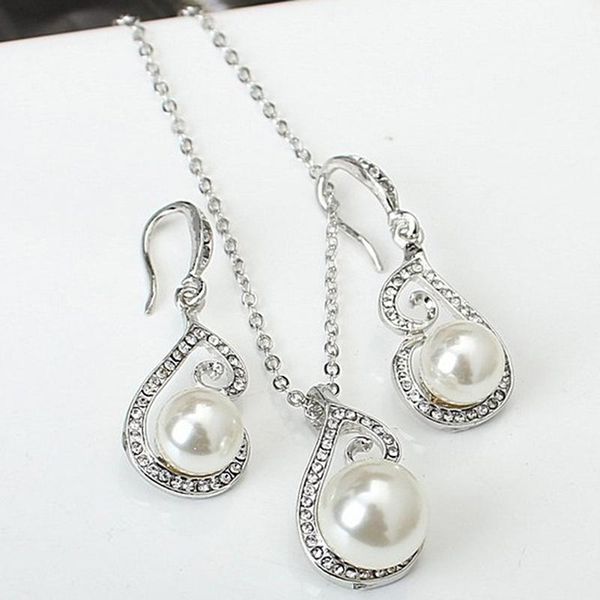 

earrings & necklace crystal charm earring jewelry women imitation pearls pendant set lady statement party, Silver