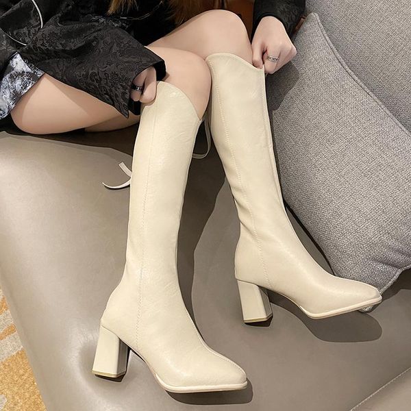 

boots knee high heel women plus plush knight heels shoes winter elegant thigh black beige mujer