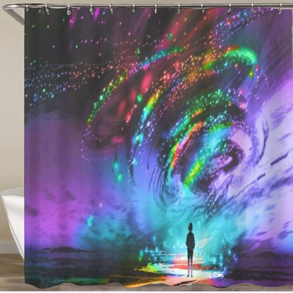 

shower curtain,dark girl standing front with fantasy cosmic parks outdoor colorful black fantastic,polyester fabric waterproof