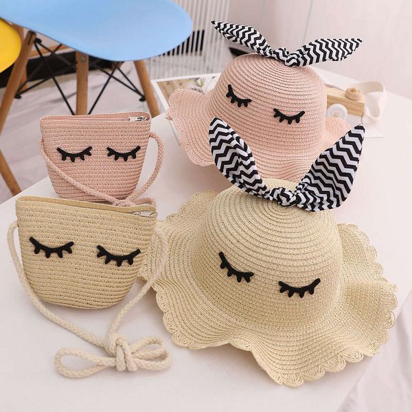 

children's girl's straw bag set sun summer princess baby beach hat, Yellow