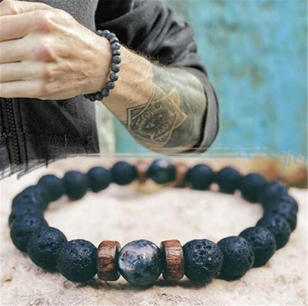 

beaded, strands explosive shining stone volcanic rock wooden bead chain bracelet chakrayoga natural bangle men jewelry fashion accessories, Black