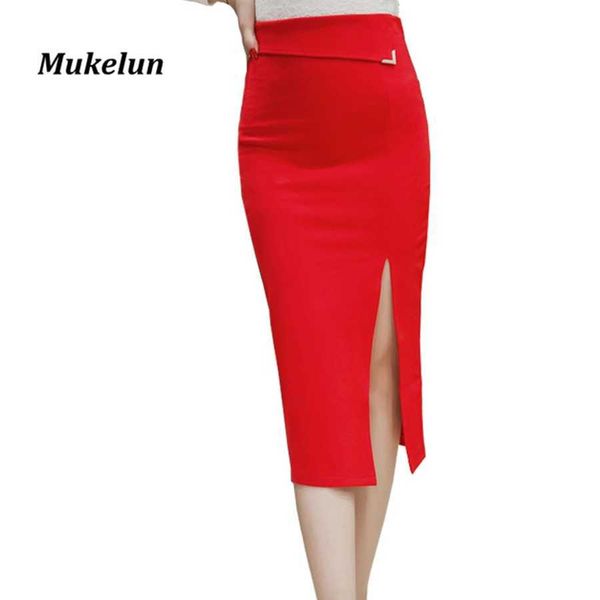 

s-5xl women pencil skirt plus size fashion mid calf long skirt casual bodycon elegant open split stretch work skirts 210528, Black