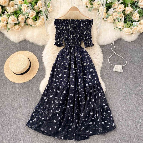 

dresses women off shoulder floral slash neck sleeveless a-line summer elastic ruched boho vacation es, Black;gray