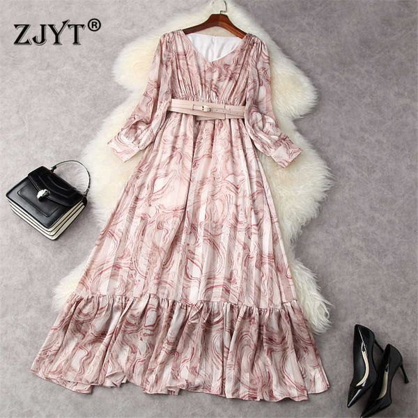 

arrivals spring clothes for women runway fashion lantern sleeve v neck printing long chiffon dresses party elegant vestidos 210601, Black;gray