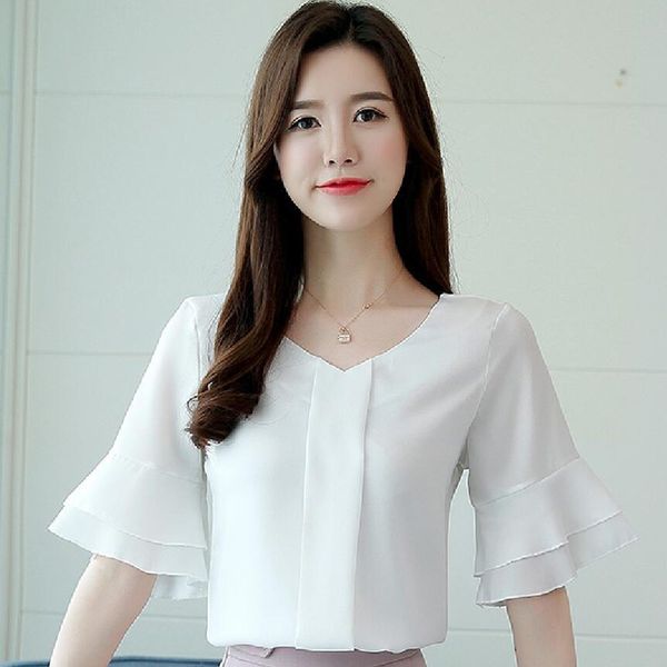 

womens and blouses summer flare sleeve chiffon blouse shirt women ladies work wear office blusa feminina shirts 210419, White
