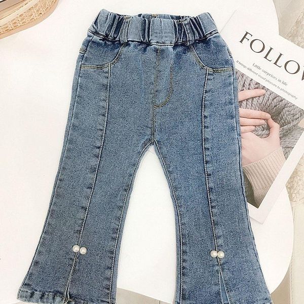 

jeans denim pants with pearl 2021 spring autumn bottom elastic waist long trousers boot cut for kids, Blue