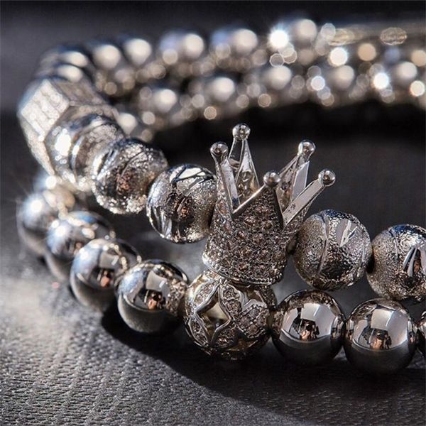 

men bracelet 2pcs/set luxury crown pave cubic zirconia starlight ball charms copper beads bangles for gift valentine's day christmas, Golden;silver