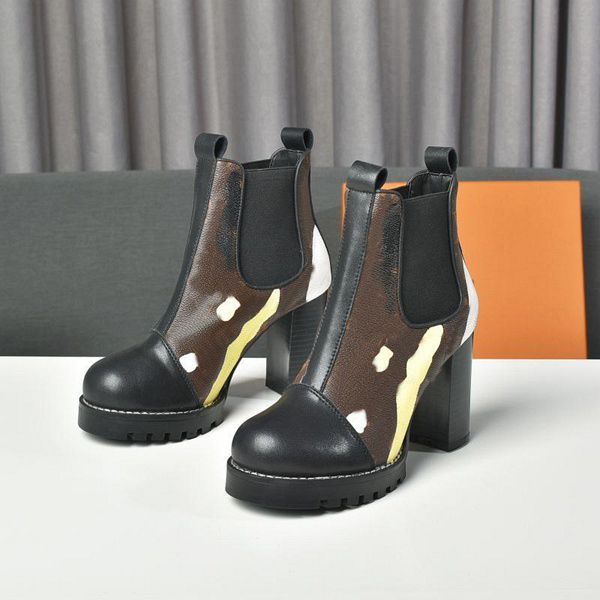 

luxury designer boots women winter sock boot letter chain leather louiings shoes flat mid high heel vutton aaa, Black