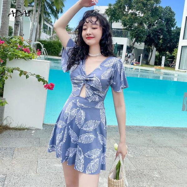 

one-piece suits swimsuit women swimwear with ruffles skirt bikini leaf print hollow out bathing 2021 swimming beachwear