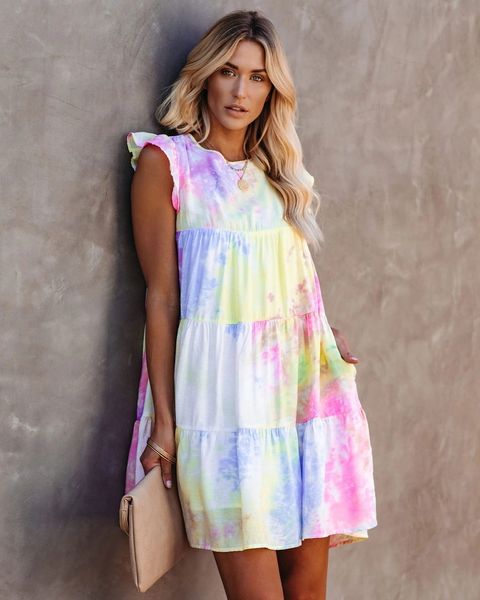 

2021 summer new women's tie-dye printed sleeveless o-neck loose party fashion ruffle street dress supply, Black;gray