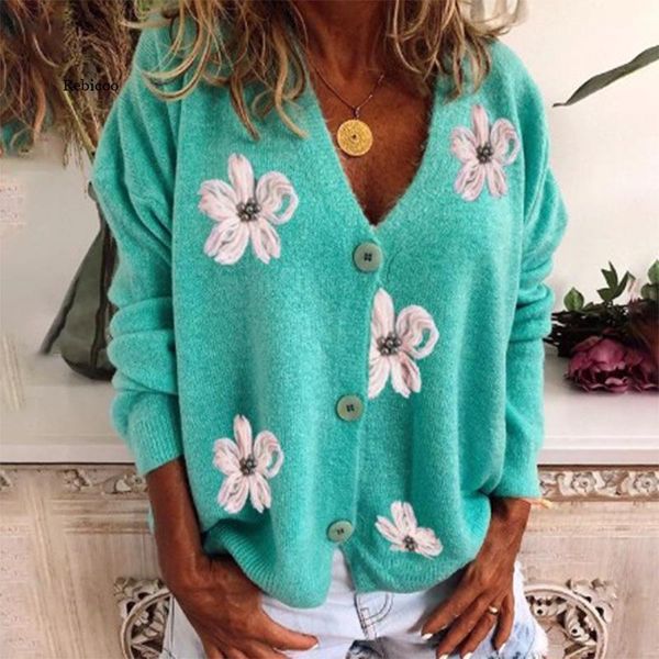 

women's knits & tees 2021 spring and autumn style european american long-sleeved cardigan embroidered v-neck knitted sweater, White