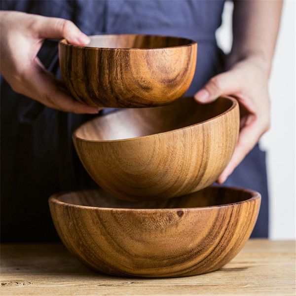 

bowls s/m/l size wooden bowl wood grain korea japanese-style basin tableware household fruit plate rice ramen salad