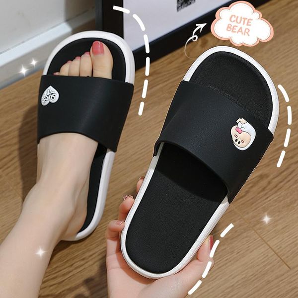 

slippers summer mute pvc sofa slides women lovely cartoons sandals sole soft indoor home universal quick-drying beach slipper, Black