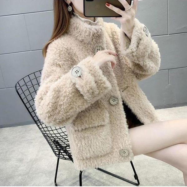 

women's fur & faux 2021 women winter genuine wool coat lady real sheep shearing single breasted outwear female elegant granular jacket, Black