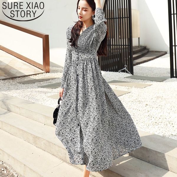 

women dress long sleeve button elegant a-line floral print chiffon empire v-neck fashion korean vintage dresses 8560 50 210417, Black;gray