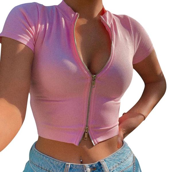 

women's rib knit crop , short sleeve mock neck zip up solid color slim fit t-shirts t-shirt, White