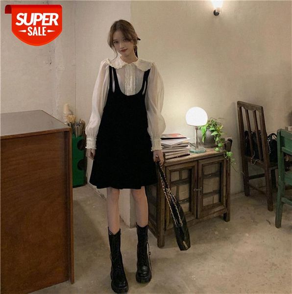 

fashion college style korean doll collar loose sling two-piece dress #om9m, Black;gray