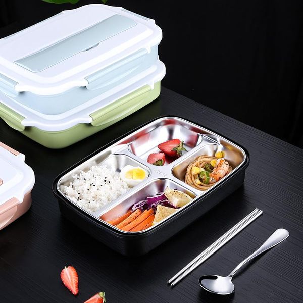 

flatware sets bento box for adults, portable lunch box, leak-proof divided stainless steel container 3/4 grid, include spoon & chopstic