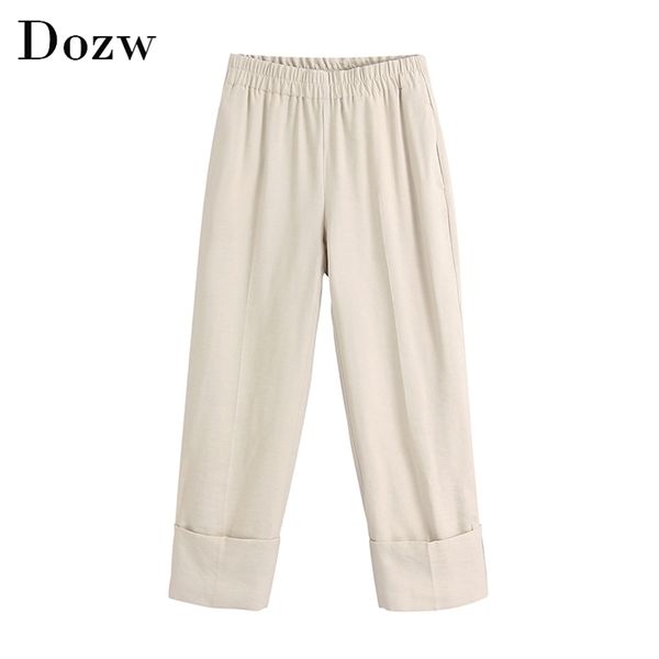 Moda donna Casual Pantaloni Lunghi Pantaloni solidi a vita alta Pieghettata Ampia Gamba Offari Tasche Signore Pantaloni da polsini da donna 210515